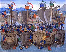 Four sturdy wooden ships lying side by side filled with men armed with shields, swords and bows fighting in a confused melee