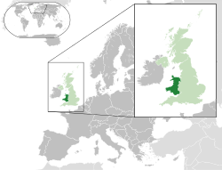 Location of &nbsp;Wales&nbsp;&nbsp;(dark green)&ndash;&nbsp;in Europe&nbsp;&nbsp;(green &&nbsp;dark grey)&ndash;&nbsp;in United Kingdom&nbsp;&nbsp;(green)