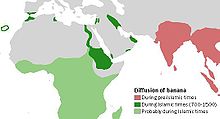 Map stating that banana cultivation occurred in pre-Islamic times in India and Southeast Asia, during the 700&ndash;1500 CE 