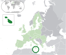 Location of &nbsp;Malta&nbsp;&nbsp;(dark green)&ndash;&nbsp;in Europe&nbsp;&nbsp;(green &&nbsp;dark grey)&ndash;&nbsp;in the European Union&nbsp;&nbsp;(green)&nbsp; &mdash;&nbsp; [Legend]