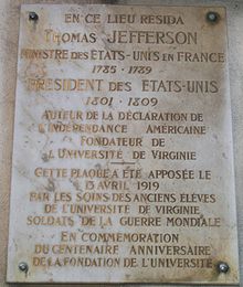 Memorial plaque on the Champs-&Eacute;lys&eacute;es, Paris, France, marking where Jefferson lived while U.S. Minister to France.