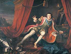 A young actor&mdash;wearing a red ermine-edged gown over a green doublet and stuffed hose, with white stockings, and a gold medallion hanging from a blue ribbon about his ruffed neck&mdash;falls melodramatically on to the couch in a tent of red curtains with gold tassels. Inside, in the background, hangs a lamp illuminating a painting of the crucifixion; in front, a blue silk drape has fallen to the floor. His discarded armour lies to his right (the viewer's left), above which mountains behind the tent are visible in the distance.
