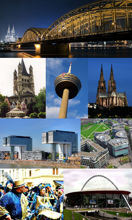 From top left to bottom: Hohenzollern Bridge by night, Great St. Martin Church, Colonius TV-tower, Cologne Cathedral, Kranhaus buildings in Rheinauhafen, MediaPark, people celebrating Cologne Carnival, and K&ouml;lnarena.