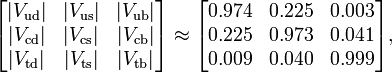 |V_ud| &cong; 0.974; |V_us| &cong; 0.225; |V_ub| &cong; 0.003; |V_cd| &cong; 0.225; |V_cs| &cong; 0.973; |V_cb| &cong; 0.041; |V_td| &cong; 0.009; |V_ts| &cong; 0.040; |V_tb| &cong; 0.999.