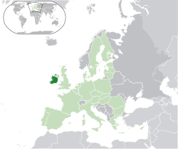 Location of &nbsp;Ireland&nbsp;&nbsp;(dark green)&ndash;&nbsp;in Europe&nbsp;&nbsp;(green &&nbsp;dark grey)&ndash;&nbsp;in the European Union&nbsp;&nbsp;(green)&nbsp; &mdash;&nbsp; [Legend]