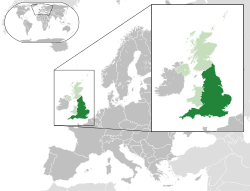 Location of &nbsp;England&nbsp;&nbsp;(dark green)&ndash;&nbsp;in European continent&nbsp;&nbsp;(light green &&nbsp;dark grey)&ndash;&nbsp;in United Kingdom&nbsp;&nbsp;(light green)