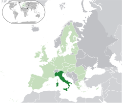 Location of &nbsp;Italy&nbsp;&nbsp;(dark green)&ndash;&nbsp;in Europe&nbsp;&nbsp;(green &&nbsp;dark grey)&ndash;&nbsp;in the European Union&nbsp;&nbsp;(green)&nbsp; &mdash;&nbsp; [Legend]