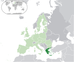 Location of &nbsp;Greece&nbsp;&nbsp;(dark green)&ndash;&nbsp;in Europe&nbsp;&nbsp;(green &&nbsp;dark grey)&ndash;&nbsp;in the European Union&nbsp;&nbsp;(green)&nbsp; &mdash;&nbsp; [Legend]
