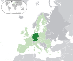Location of &nbsp;Germany&nbsp;&nbsp;(dark green)&ndash;&nbsp;in Europe&nbsp;&nbsp;(green &&nbsp;dark grey)&ndash;&nbsp;in the European Union&nbsp;&nbsp;(green)&nbsp; &mdash;&nbsp; [Legend]