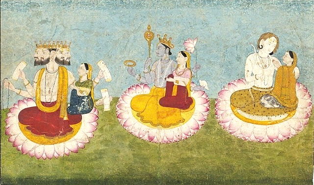 File:Brahma, Vishnu and Shiva seated on lotuses with their consorts, ca1770.jpg