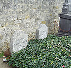 Two graves and two gravestones side by side; heading behind a bed of green leaves, bearing the remains of Vincent and Theo Van Gogh, where they lie in the cemetery of Auvers-sur-Oise. The stone to the left bears the inscription: Ici Repose Vincent van Gogh (1853&ndash;1890) and the stone to the right reads: Ici Repose Theodore van Gogh (1857&ndash;1891)
