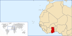 Location of &nbsp;Ghana&nbsp;&nbsp;(dark red)in Western Africa&nbsp;&nbsp;(light yellow)