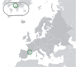 Location of &nbsp;Andorra&nbsp;&nbsp;(center of green circle)in Europe&nbsp;&nbsp;(dark grey)&nbsp; &mdash;&nbsp; [Legend]