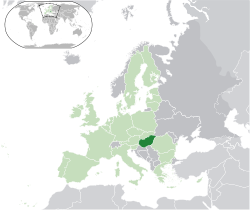 Location of &nbsp;Hungary&nbsp;&nbsp;(dark green)&ndash;&nbsp;in Europe&nbsp;&nbsp;(green &&nbsp;dark grey)&ndash;&nbsp;in the European Union&nbsp;&nbsp;(green)&nbsp; &mdash;&nbsp; [Legend]