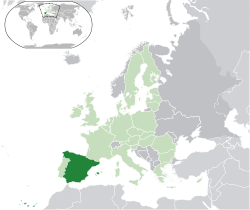 Location of &nbsp;Spain&nbsp;&nbsp;(dark green)&ndash;&nbsp;in Europe&nbsp;&nbsp;(green &&nbsp;dark grey)&ndash;&nbsp;in the European Union&nbsp;&nbsp;(green)&nbsp; &mdash;&nbsp; [Legend]