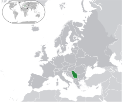 Location of Serbia (green) &ndash; Kosovo (light green) on the European continent (dark grey)