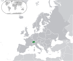 Location of &nbsp;Switzerland&nbsp;&nbsp;(green)in Europe&nbsp;&nbsp;(dark grey)&nbsp; &mdash;&nbsp; [Legend]